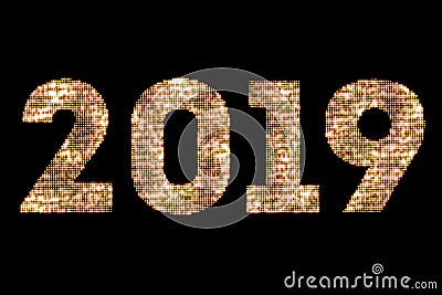 Vintage yellow gold sparkly glitter lights and glowing effect simulating leds happy new year 2019 word text on black background wi Stock Photo