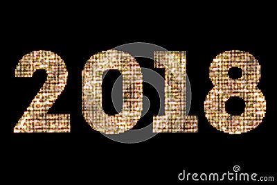 Vintage yellow gold sparkly glitter lights and glowing effect simulating leds happy new year 2018 word text on black background wi Stock Photo