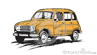 Vintage yellow old car - automobile in engraving style Vector Illustration