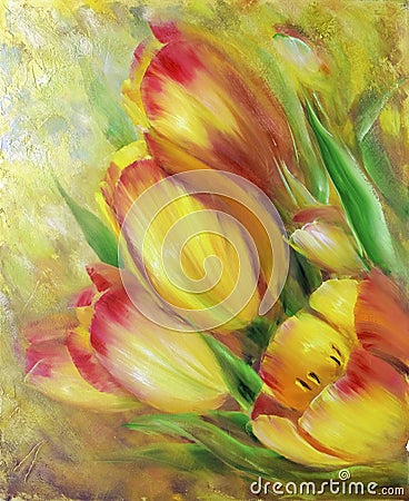 Vintage yellow red tulips Oil painting. Stock Photo