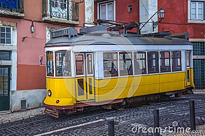 Vintage yellow tram, symbol of Lisbon, Portugal Stock Photo