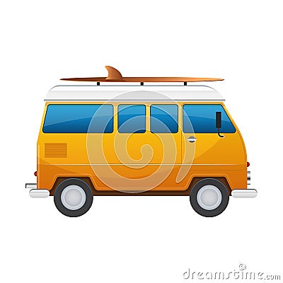 Vintage yellow travel minibus. Camper cartoon van. Tourist coach in flat design with surf board Vector Illustration