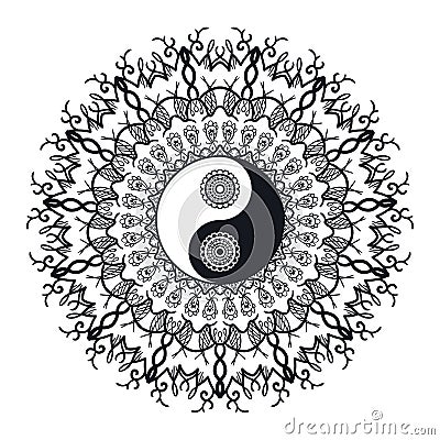 Vintage Yin and Yang in Mandala Stock Photo