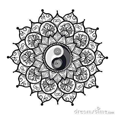 Vintage Yin and Yang in Mandala Stock Photo