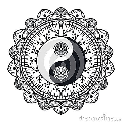 Vintage Yin and Yang in Mandala Stock Photo
