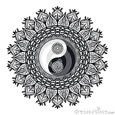 Vintage Yin and Yang in Mandala Stock Photo