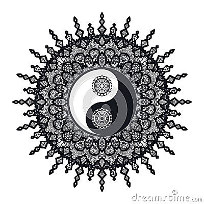 Vintage Yin and Yang in Mandala Stock Photo