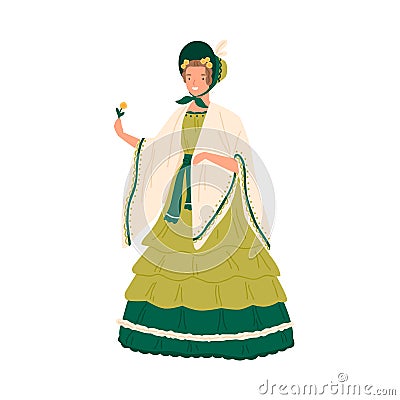 Vintage young woman wearing retro dress and hat decorated with ruffles in 1830s decade style. Female character in Vector Illustration