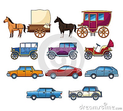 Vintages classec and modern cars with horse carriages Vector Illustration