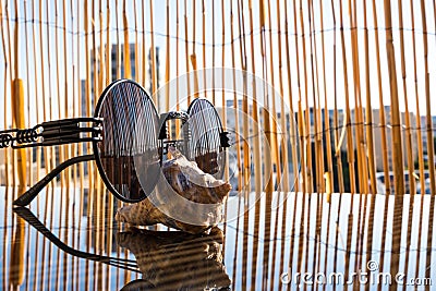 Vintage Black steampunk round sunglasses lens close up shoot in a summer day. Selective focus Stock Photo