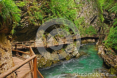 Vintgar Gorge, Bled, Slovenia with wooden walkway Zumer Galleries at the side & Radovna river Stock Photo