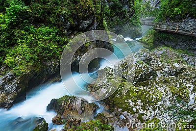 Vintgar gorge and Radovna river with walking path and rocks near Bled in Slovenia Stock Photo