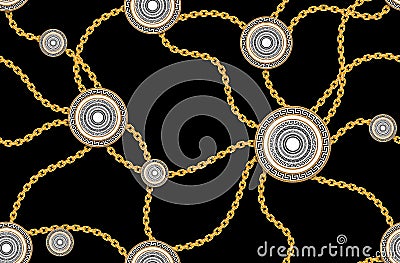 Vinttage Seamless Fashion Pattern of Golden Chains and versace motif isolated on black background. Fabric Design Background with C Stock Photo