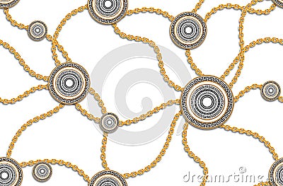 Vinttage Seamless Fashion Pattern of Golden Chains and versace motif isolated on white background. Fabric Design Background with C Stock Photo