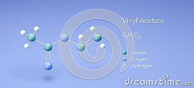 Vinyl acetate. Molecular model, 3d rendering, Structural Chemical Formula and Atoms with Color Coding Stock Photo