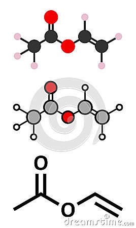 Vinyl acetate, polyvinyl acetate (PVA, PVAc) glue building block. PVA is used in a number of glue types Vector Illustration