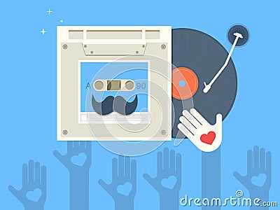 Vinyl and cassette record with mustache Cartoon Illustration