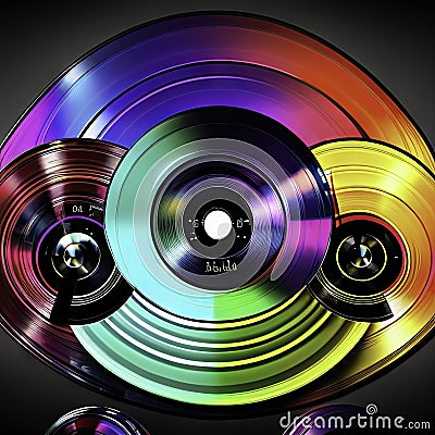 Vinyl discs on black background. 3d rendering, 3d illustration. AI generated Cartoon Illustration