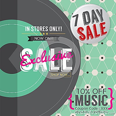 Vinyl Exclusive Sale 7 Days Only For Music Lover Promotion Banner Template. Vector Illustration