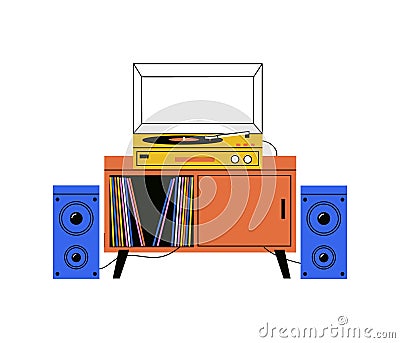 Vinyl player. Cartoon retro analog turntable record rotating disk on sideboard, old school audiophile music device, home Vector Illustration