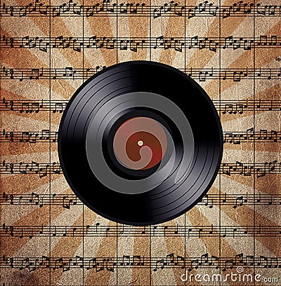 Vinyl record on the music note paper Stock Photo