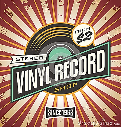 Vinyl record shop retro sign design Vector Illustration