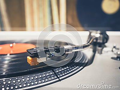 Vinyl Record on Turntable Player Music Vintage Retro Stock Photo