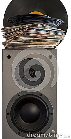 Vinyl records 45 rpm laid on a loudspeaker Stock Photo
