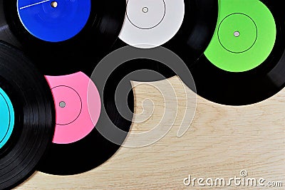 Vinyl round records-retro background music for club discos. Gramophone record, Edison disc, vintage audio media - singing, music Stock Photo