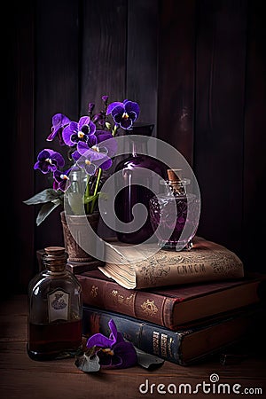 viola flowers with ancient books Stock Photo