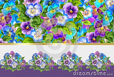 Viola tricolor Flowers Spring Holiday card watercolor Pansy flowers garden Floral pattern Stock Photo