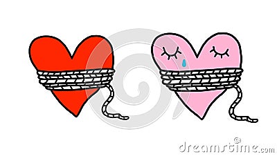 Violence against heart feelings emotion love hand drawn vector illustration rope around human organ Cartoon Illustration