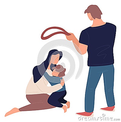 Violence in family, father beating kid and wife Vector Illustration