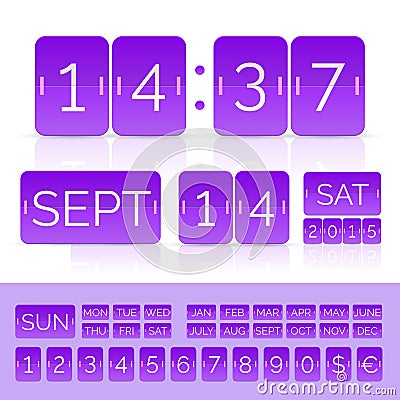 Violet analog counter and flip calendar isolated Vector Illustration