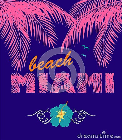 Violet background with Miami beach lettering, pink coconut palm leaves, blue hibiscus, seagull for night beach party invitation Vector Illustration