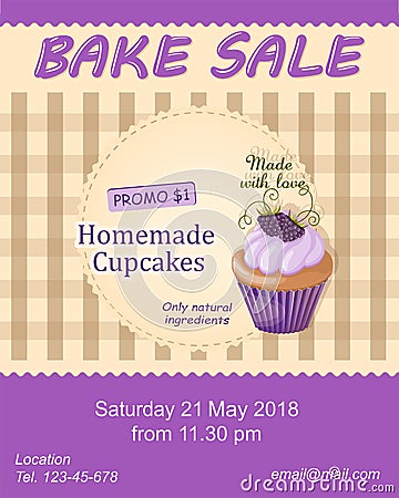 Violet bake sale promotion flyer with cupcake Vector Illustration