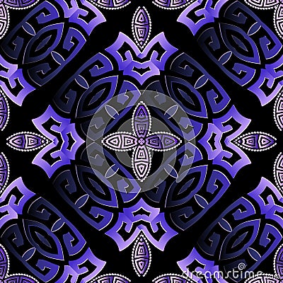 Violet blue 3d ornamental greek vector seamless pattern. Modern abstract surface background. Geometric repeat floral Vector Illustration