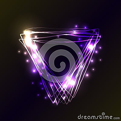 Violet and blue neon colors triangle background. Triangle Frame with Lights and flashes effects. Vector illustration, abstract Cartoon Illustration