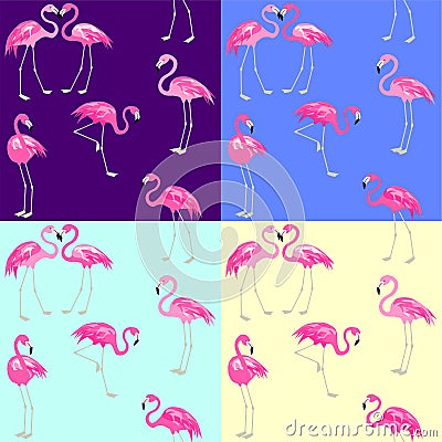 Violet, blue, yellow and mint color fashion wallpapers with cute pink flamingo Vector Illustration