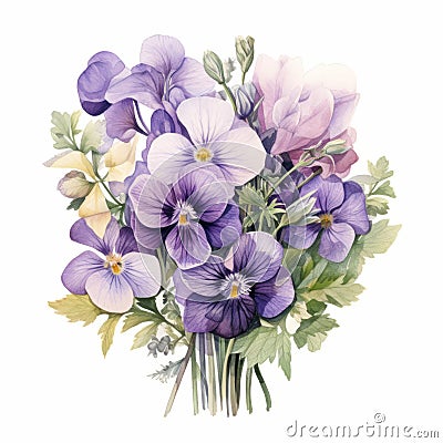 Violet Bouquet: Detailed Watercolor Of Purple Pansies In Naturalistic Botanical Style Cartoon Illustration