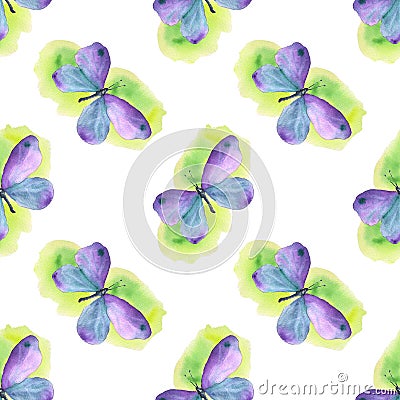 Violet butterflies and green spots pattern Stock Photo