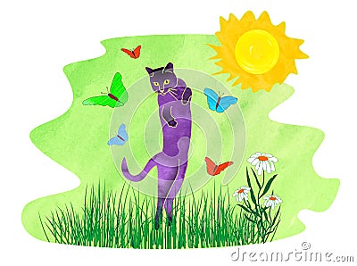 Violet cat playing in the green grass with butterflies. Set of illustrations with a funny kitten character Cartoon Illustration