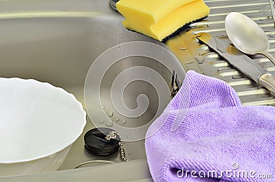 Violet Cleaning cloth and Yellow Sponge Stock Photo