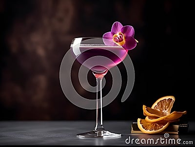 Violet cocktail in a high stylish glass decorated with purple orchid flower on dark background, close up. Tropical drink at the Cartoon Illustration