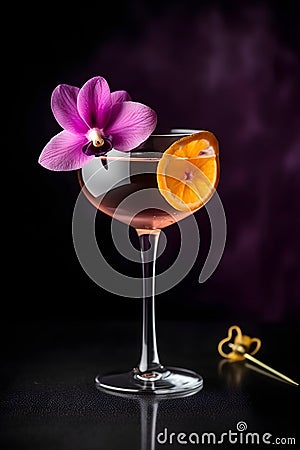 Violet cocktail with orange slice in a high stylish glass decorated with purple orchid flower on dark purple background, close up Stock Photo