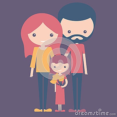 Violet color concept of young happy family mom dad and daughter Vector Illustration