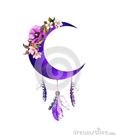 Violet crescent moon with flowers, feathers. Boho vintage design for woman tattoo. Watercolor bohemian illustration Cartoon Illustration