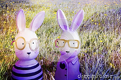 Happy Easter - Violet Easter bunnies in spring meadow Stock Photo