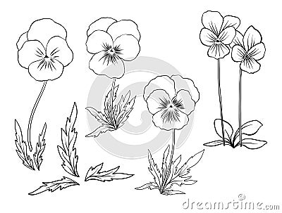Violet flowers. Set of outline flowers. Vector Illustration