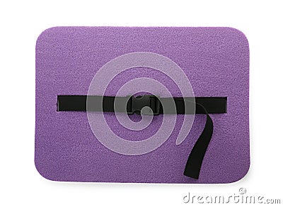 Violet foam seat mat for tourist isolated on white, top view Stock Photo